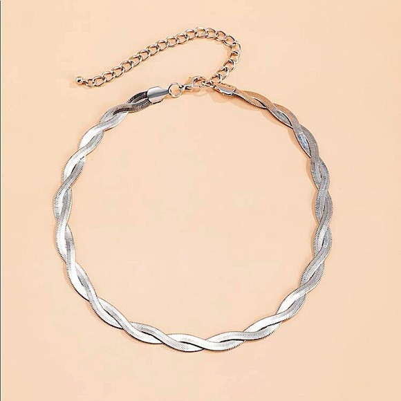 Twisted Braided Sterling Silver Herringbone Flat Snake Choker Necklace - Picture 9 of 10